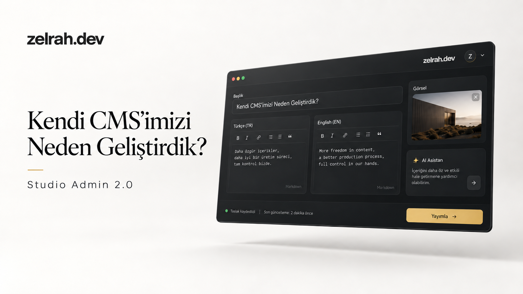 zelrah.dev Studio Admin 2.0 CMS arayüzü; iki dilli editör, görsel yönetimi, AI desteği ve yayınlama araçlarını minimalist bir yapıda sunuyor.